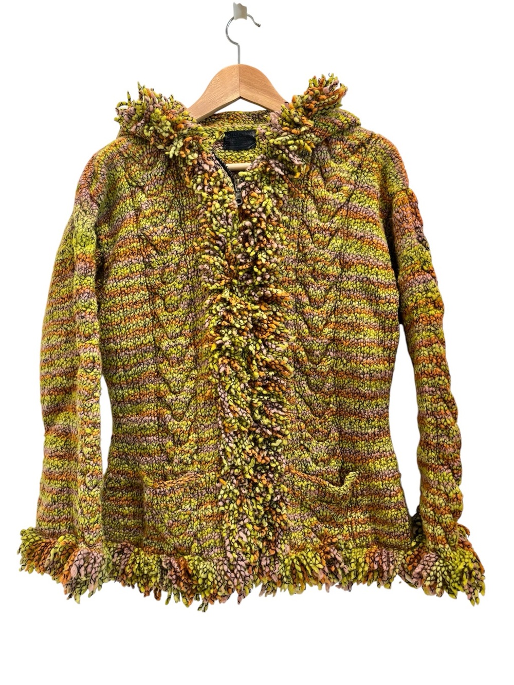 Native Knit Zip Cardigan 100% Wool Handmade Colorful Fringe Size Large